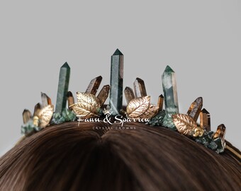 Woodland Smoky Moss Agate Tiara, Groene Fairy Wedding Crown, Forest Wedding Elf Tiara, Ethereal Hoofddeksel, Bruidshoofdband, Tak, Elven