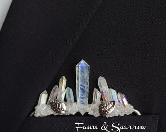 Rainbow Moonstone Pocket Boutonniere, Quartz Crystals, Genuine Nature Crystal Accessories, Grooms Lapel, Wedding Boutonnieres