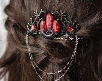 Red Quartz Moon Crystal Comb, Genuine Black Tourmaline Headpiece, Gothic Crystal Hairpiece, Wedding, Alt, Witch