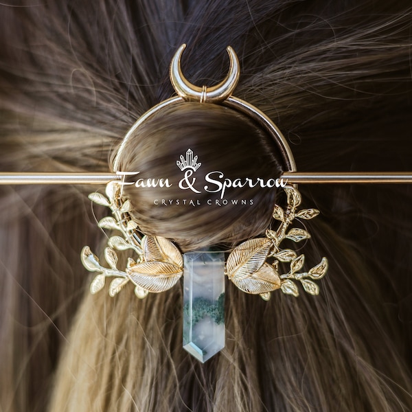 Gold Moss Agate Crystal Hair Stick, Crystal Hair Pin with Circle