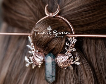 Rose Gold Moss Agate Crystal Hair Stick, Crystal Hair Pin with Circle