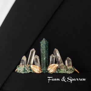 Leaf Moss Agate Pocket Boutonniere Clear Quartz, Green Nature Crystal Wedding Accessories, Grooms Lapel,Wedding Boutonnieres
