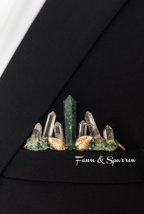 Leaf Moss Agate Pocket Boutonniere Clear Quartz, Green