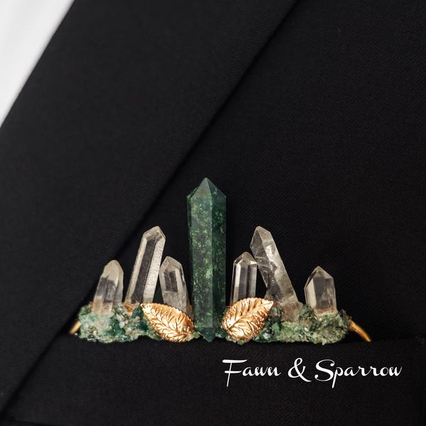 Leaf Moss Agate Pocket Boutonniere Clear Quartz, Green Nature Crystal Wedding Accessories, Grooms Lapel,Wedding Boutonnieres
