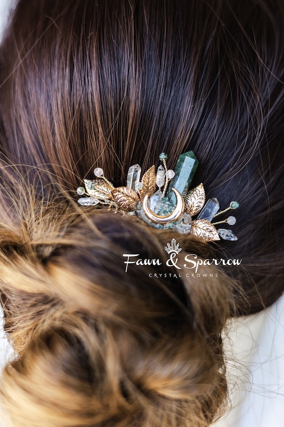 Ethereal Moss Agate Crystal Hair Comb, Bridesmaid Gift, Boho  display picture 3
