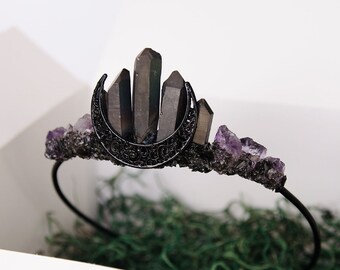 Amethyst Moon Crown,Goth Crown,Crystal Crown,Witchy Bride,High Priestess,Healing Crystals Crown,Gothic Crown,Amethyst Crown, Purple Crown