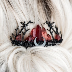 Red Quartz Moon Crystal Comb, Genuine Black Crystal Headpiece, Gothic Crystal Hairpiece, Wedding, Alt, Witch