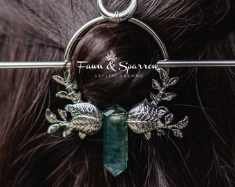 Silver Moss Agate Crystal Hair Stick, Crystal Hair Pin with Circle