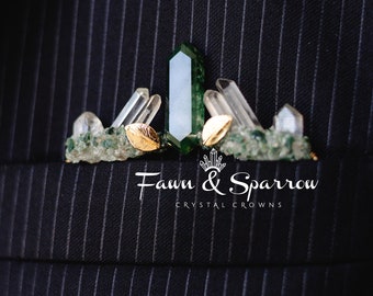 Boutonniere de bolsillo de ágata de musgo con cuarzo transparente, accesorios de boda de cristal de naturaleza verde, solapa de novios, boutonnieres de boda personalizables