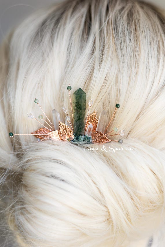 Rose Gold Moss Agate Crystal Hair Comb, Bridesmaid Hair Comb  display picture 2