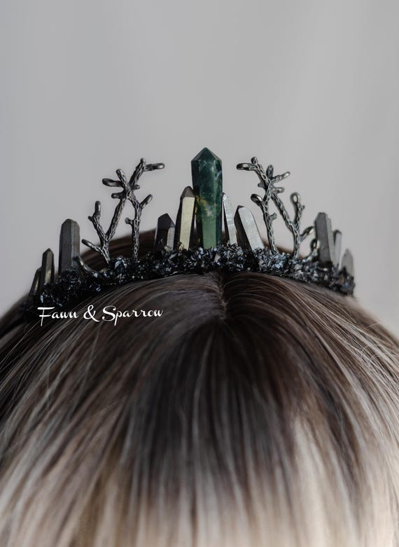 Dark Fairy Crystal Crown,Moss Agate,Fairy Wedding,Dark Wedding Elf Tiara,Red Crown, Black Crown, Witch Crown