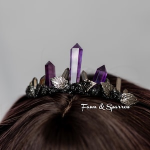 Dark Fairy Amethyst Obsidian Moon Tiara,Gothic Crown,Crystal Headpiece,Witchy Bride,High Priestess,Healing Crystals Crown,Goth, Purple Crown