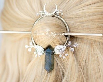 Silver Labradorite Crystal Hair Stick, Crystal Hair Pin with Circle