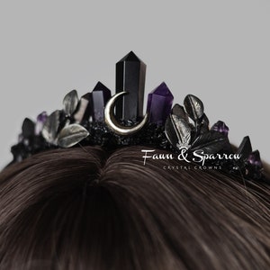 Amethyst Obsidian Moon Crown,Gothic Tiara,Crystal Headpiece,Witchy Bride,High Priestess,Healing Crystals Crown,Goth, Purple Crown image 1
