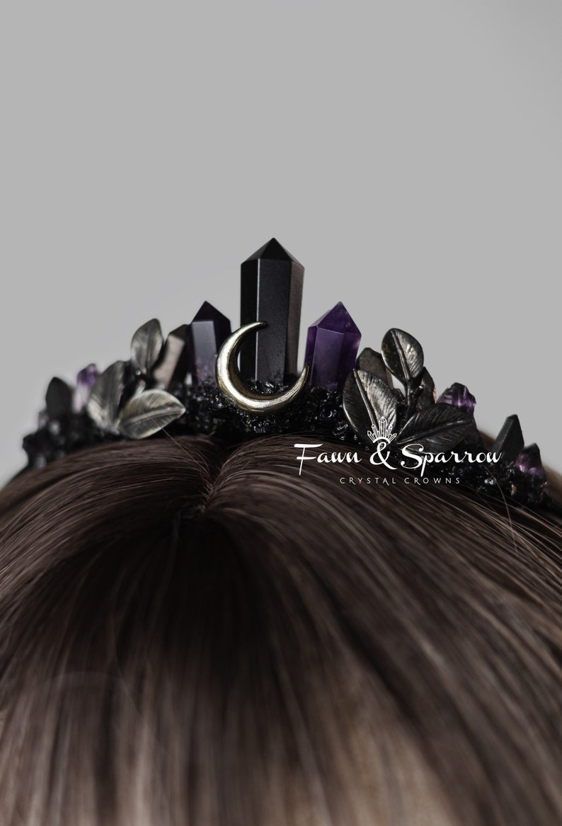 Amethyst Obsidian Moon Crown,Gothic Tiara,Crystal Headpiece,Witchy Bride,High Priestess,Healing Crystals Crown,Goth, Purple Crown image 1