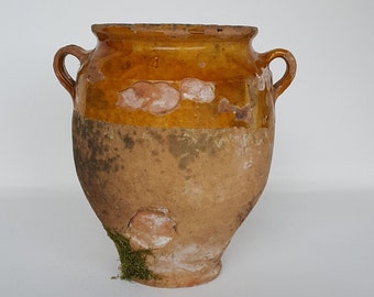 French Antique Confit Pot, Rustic French Pot, Terracotta and Yellow Glazed Pot