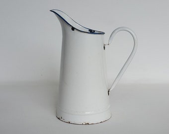 White Enamel French Vintage  Pitcher, Blue and White Vintage Enamel Jug, Enamel Vase