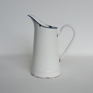 White Enamel French Vintage  Pitcher, Blue and White Vintage Enamel Jug, Enamel Vase