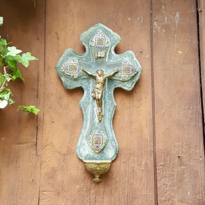 Antique Cloisonne French Wall Crucifix, Holy Water Font, Enamel Details, Benetier, Blessing Font