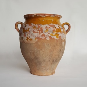 Franse antieke confitpot, rustieke Franse pot, terracotta en geelgeglazuurde pot