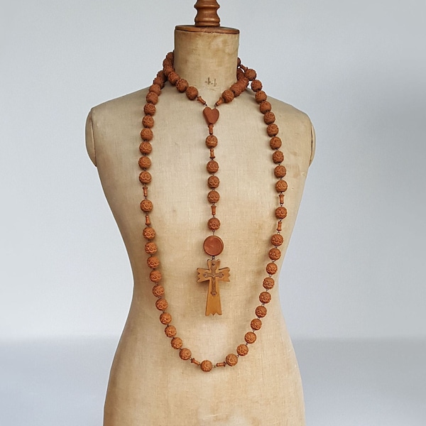 Large Antique Lourdes Wooden Rosary Beads / Lourdes / French Chaplet / Religious Necklace / Large Beaded Wooden Rosary