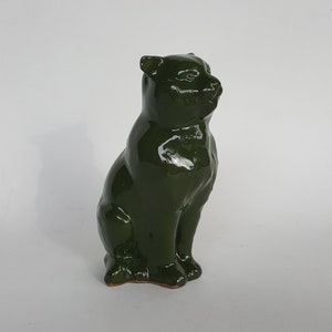 Antieke keramische kattenspaarpot, Franse vintage groene keramische kat, antieke kattenmuntenbank