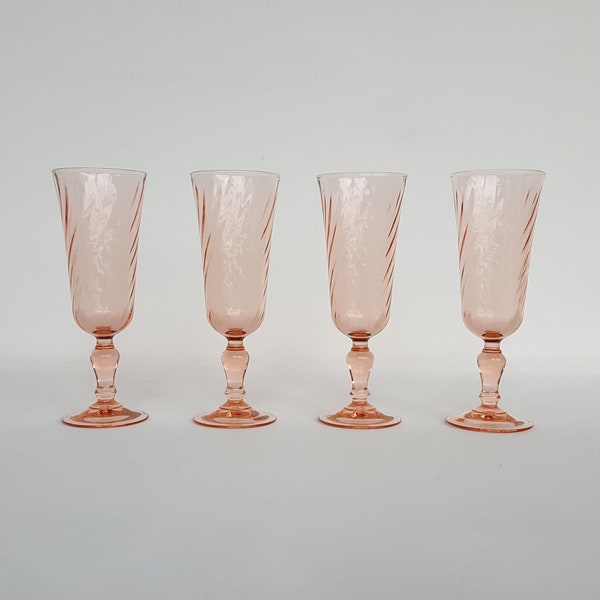 Set of 4 French Vintage Pink Swirl Champagne Glasses / Depression Glass / Pink Swirl Champagne Flutes / Rosaline Pink Swirl / Pink Glasses