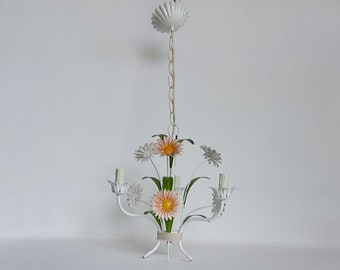 Vintage Tole Flower Chandelier / 3 Bulb Chandelier / Vintage Toleware Chandelier / Ceiling Rose and Chain / Pink Daisy Chandelier