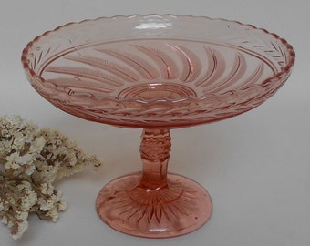 French Vintage Pink Footed Dish / Depression Glass Compotier / Footed Dish / Cake Stand / Fruit Bowl