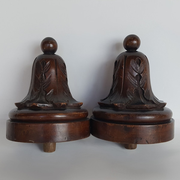 Pair French Antique Wooden Finials, Carved Wood Finials, Ornamental Embellishments