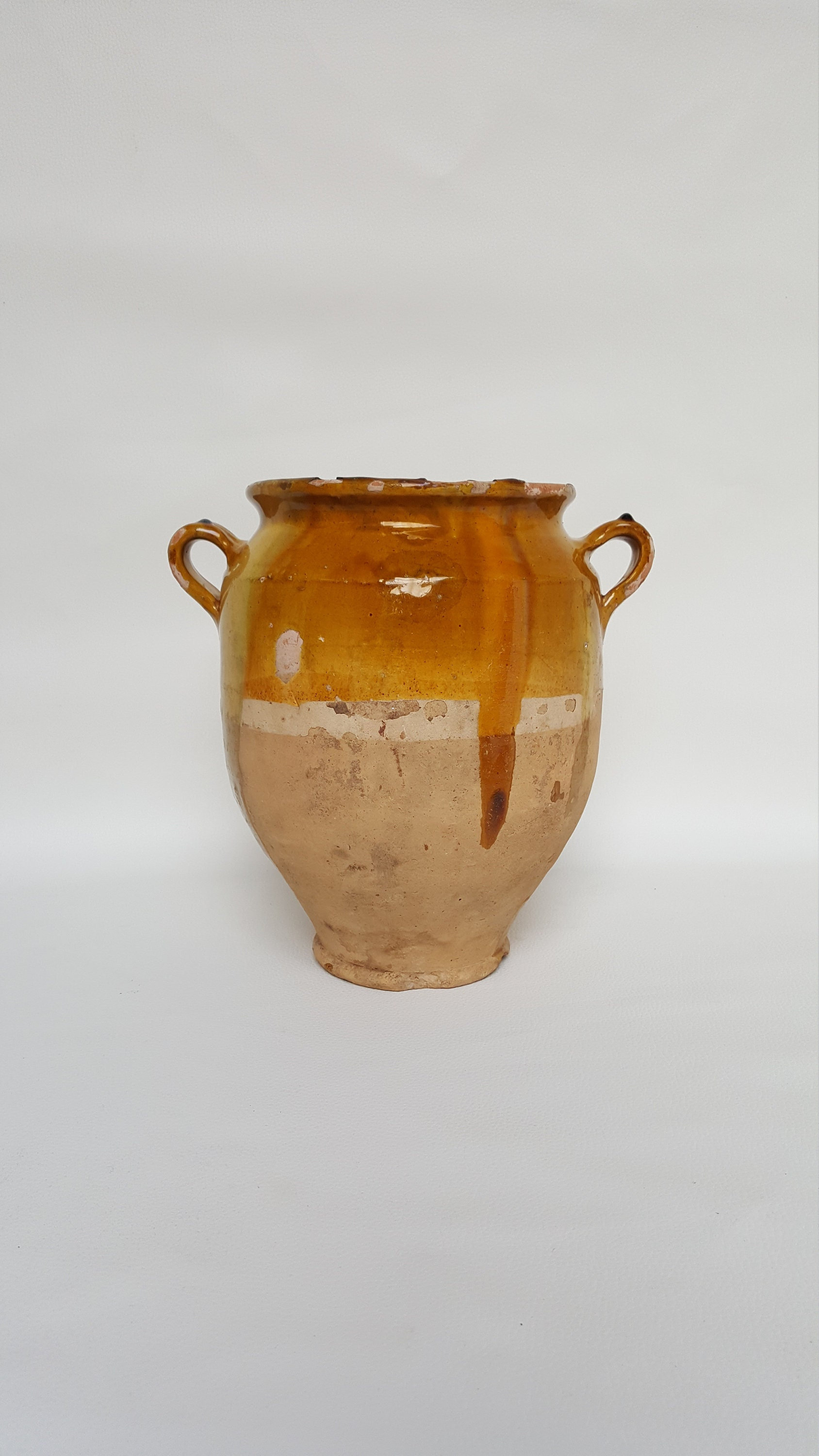 Français Pot Confit Antique, Français Rustique, en Terre Cuite et Pot Glacé Jaune