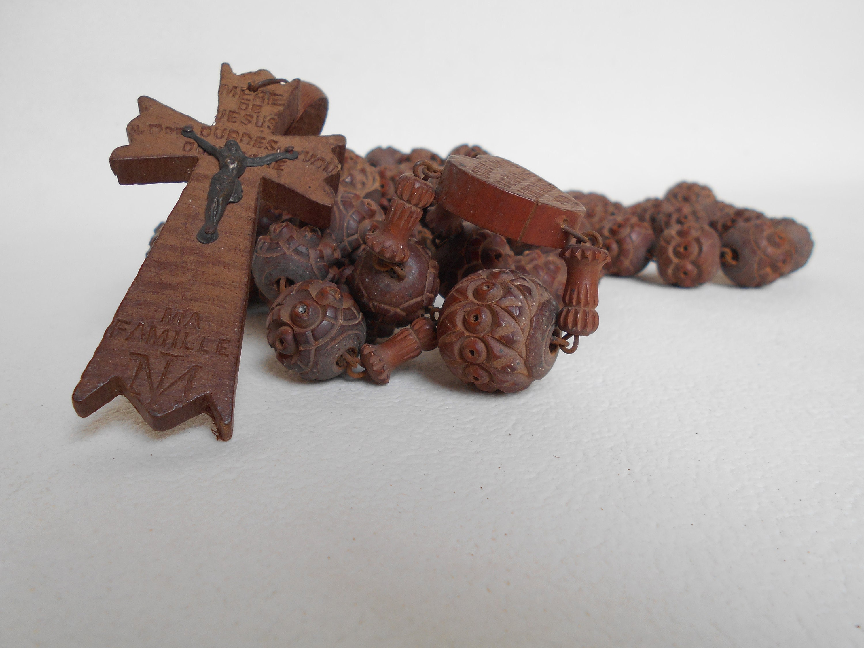 Grandes Perles de Chapelet en Bois Français Antiques/Lourdes Collier Religieux Grand Perlé