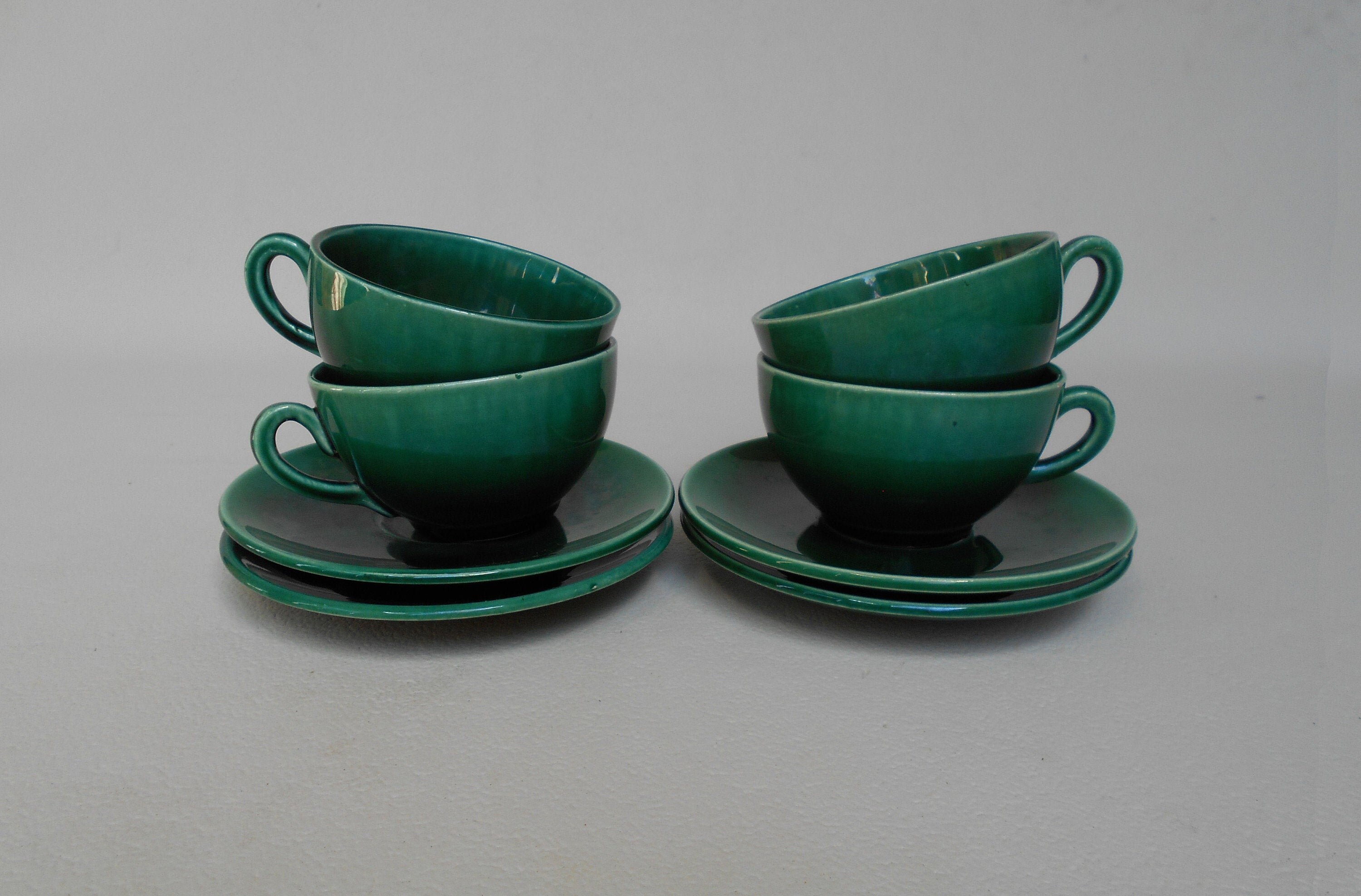 Set of 4 French Vintage Cups and Saucers / Green Ceramic Cups Etsy