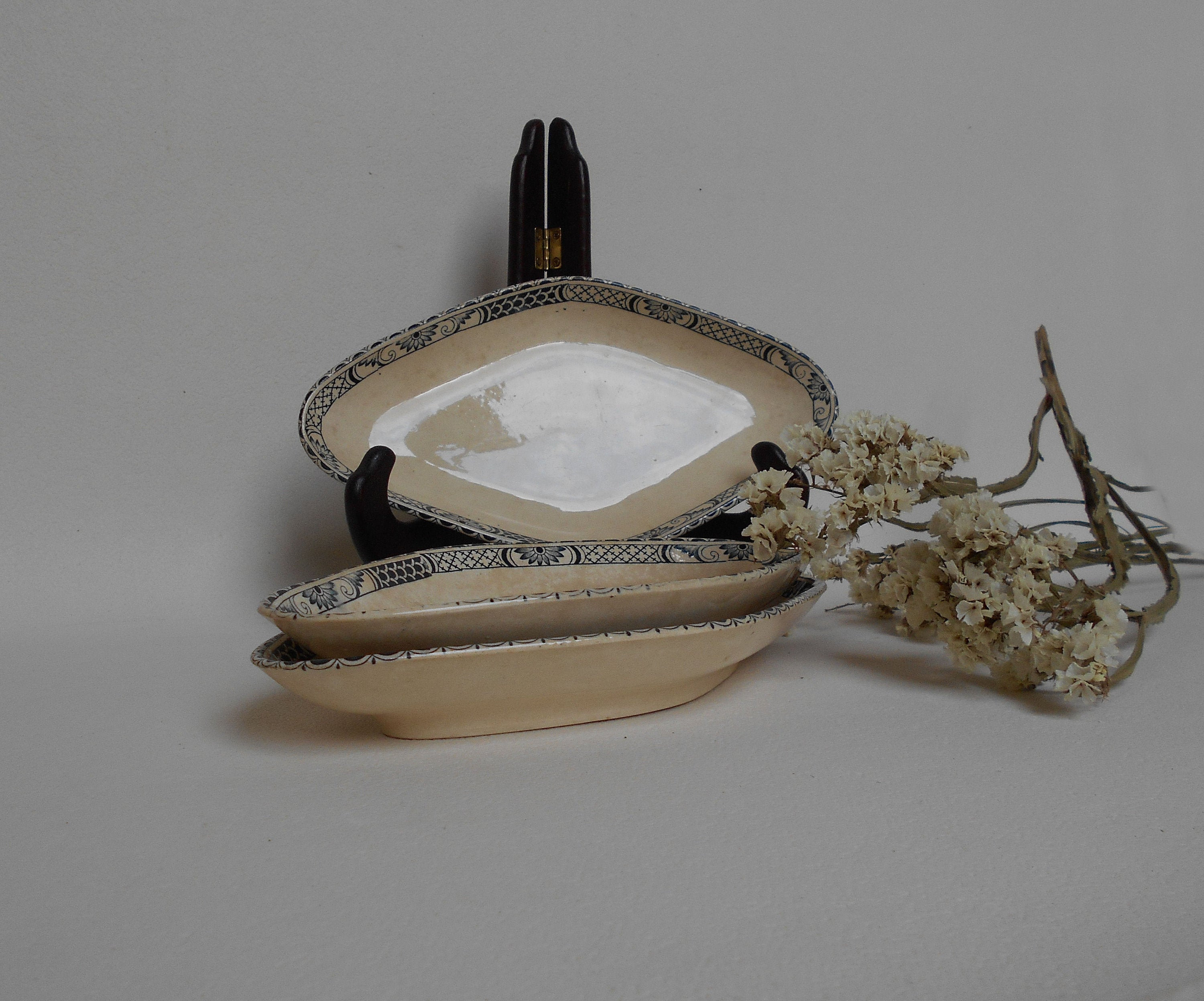 Ensemble de 3 Raviers Salins Antiques, Plat Ovale Vintage, Plats Ovales Tachés Thé, Français Antique