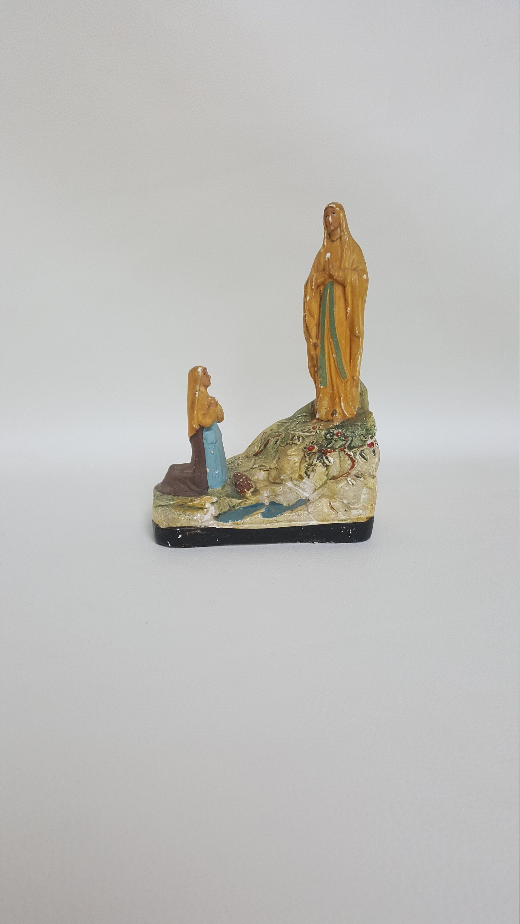 Français Vintage Lourdes Statue de Craie Polychrome/Antique en Plâtre L'apparition Notre-Dame à Sain