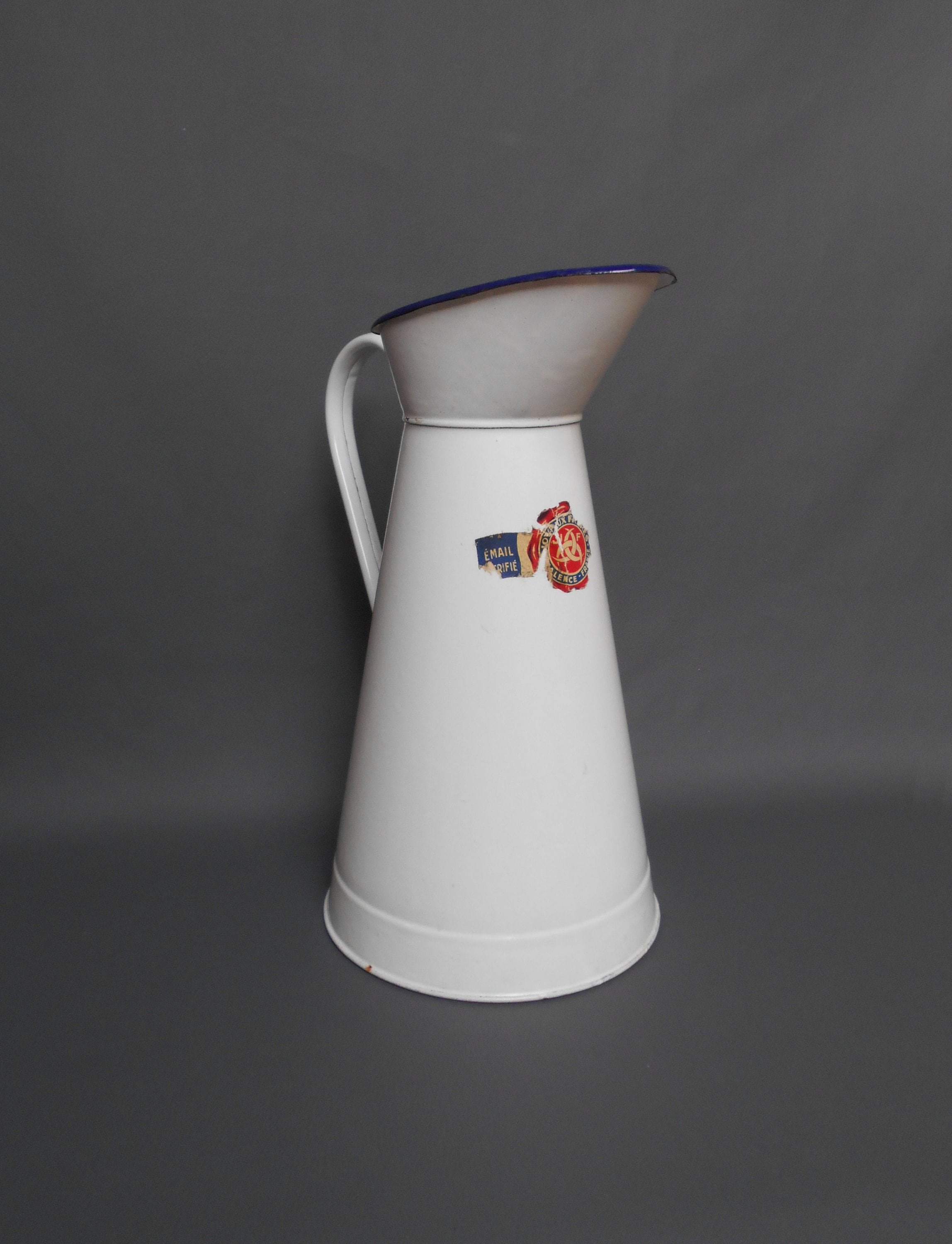 Extra Large Français Vintage White Enamel Pitcher/Joyaux Freres Jug