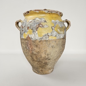Chippy Antique French Confit Pot: Terracotta Yellow Glazed Rustic Jar