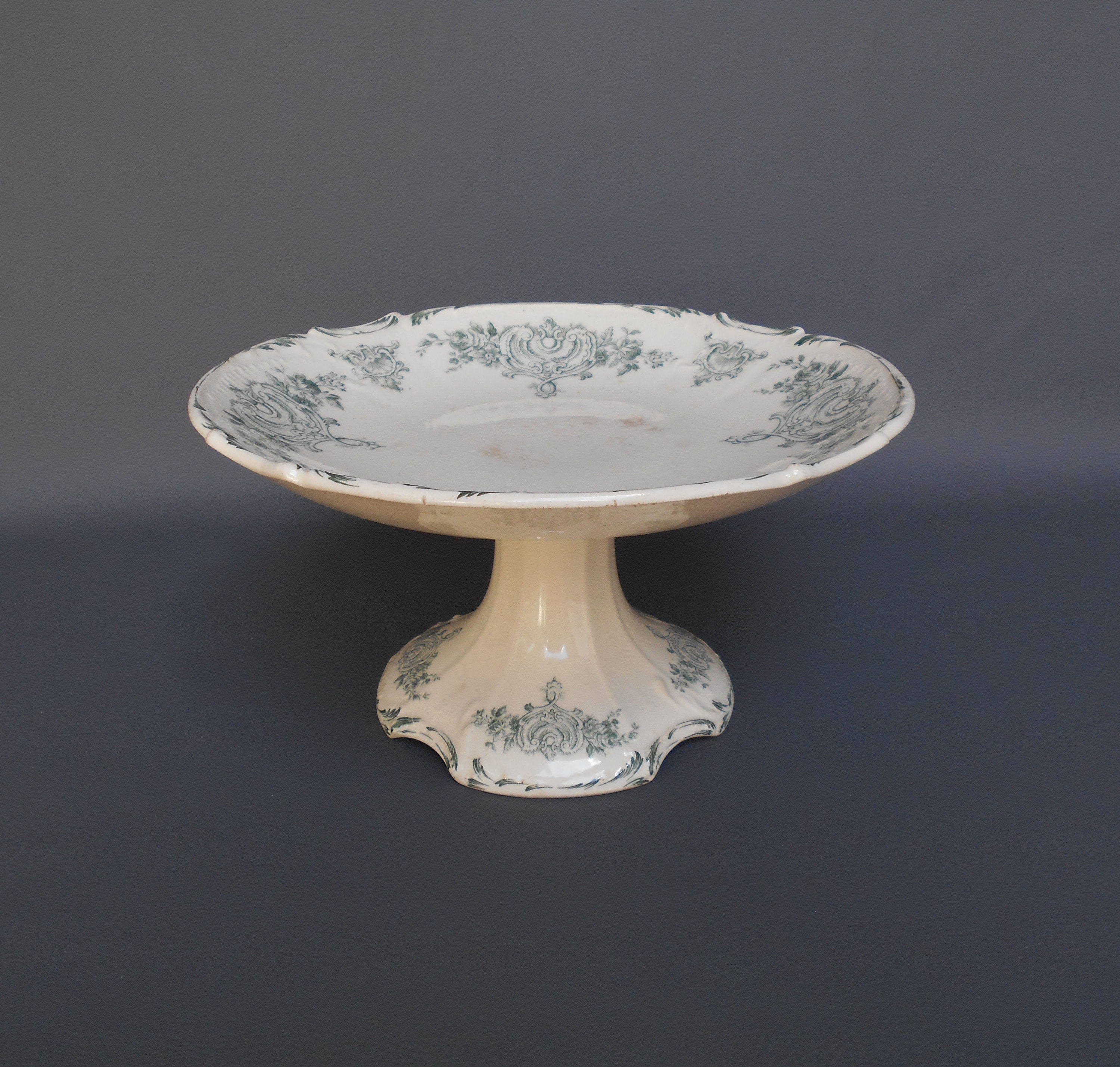 Antique Gien Terre de Fer Grand Compotier/Français Antique Plat à Pieds Stand Gâteaux