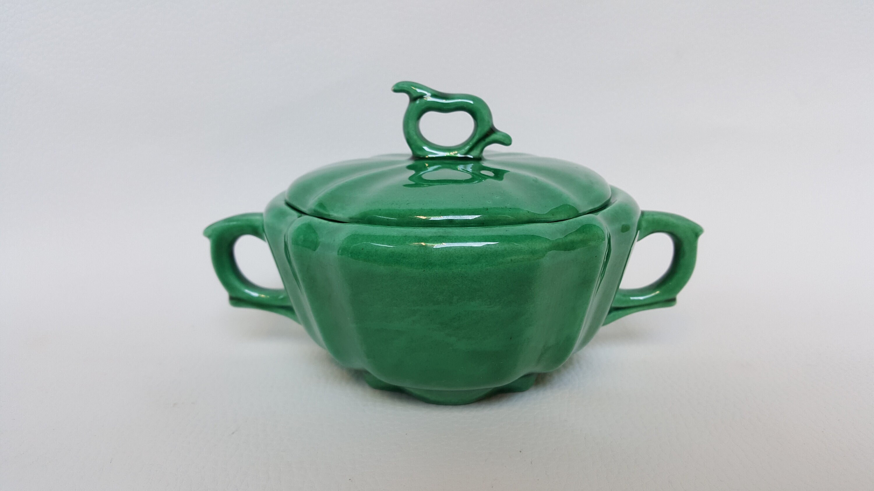 Français Pot à Sucre en Majolique Verte Vintage