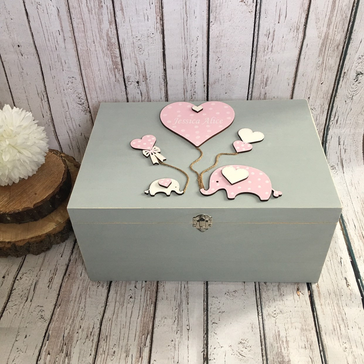 Christening Box Wooden Baby Keepsake Box Elephant Keepsake Etsy
