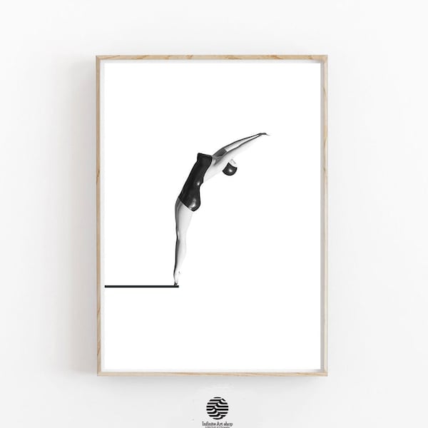 Minimalist retro art print, Female swimmer jumping into swimming pool,Minimalist Black and White Print,Perfect Swimmer Gift,Digital Download