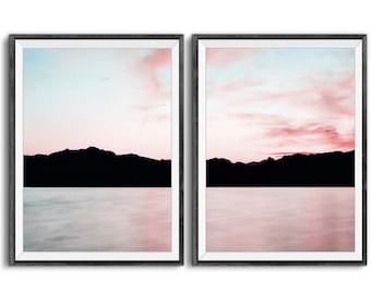 Set of 2 Sunset Wall Art,Minimalist Nature Sunset Art Prints,Sunset Printable Wall Art,Mountain silhouettes,Soft Sky Print,Instant Download.