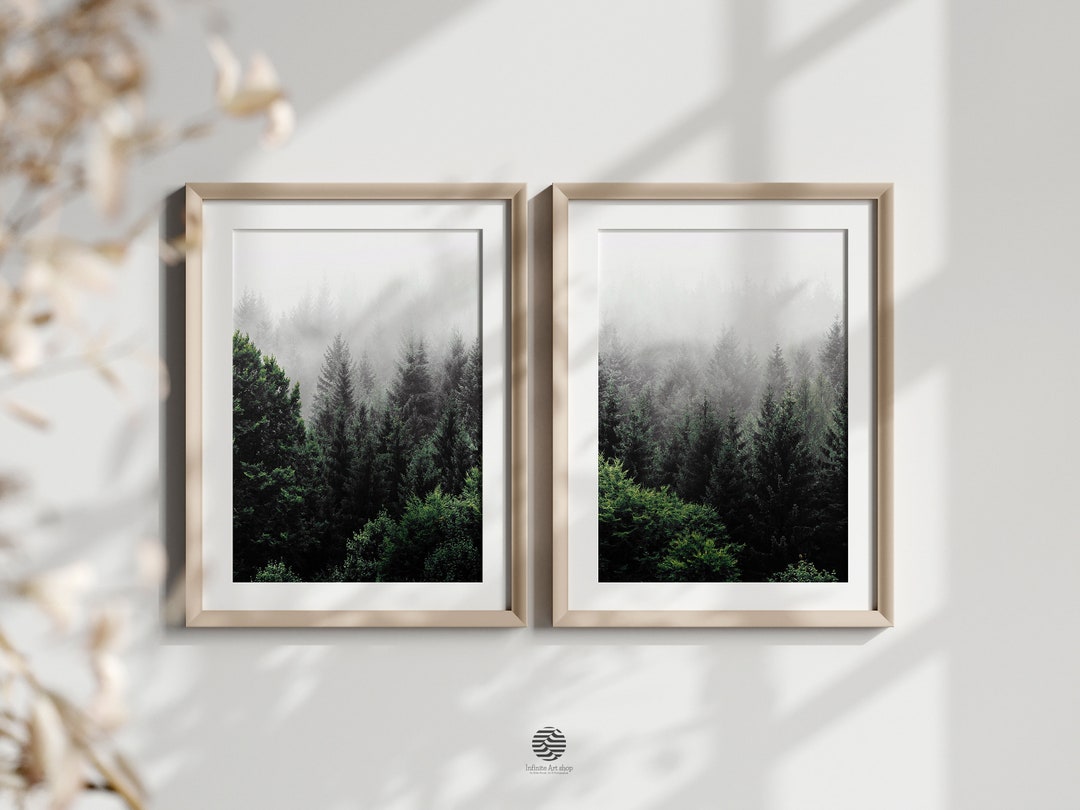 Set of 2 Misty Forest Print, Foggy Tree Art , Nordic Photography, Misty ...