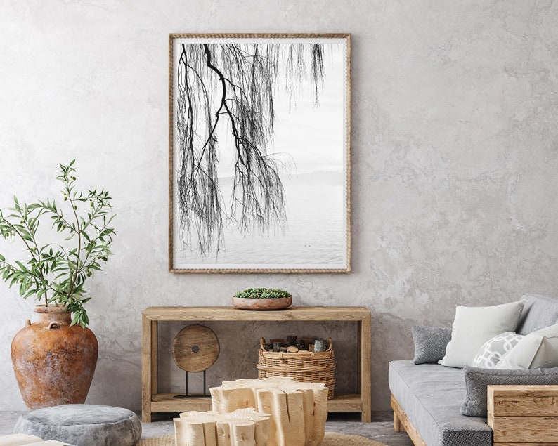 Minimalist Nature Wall Art, Black and White Fine Art Print, Willow Tree