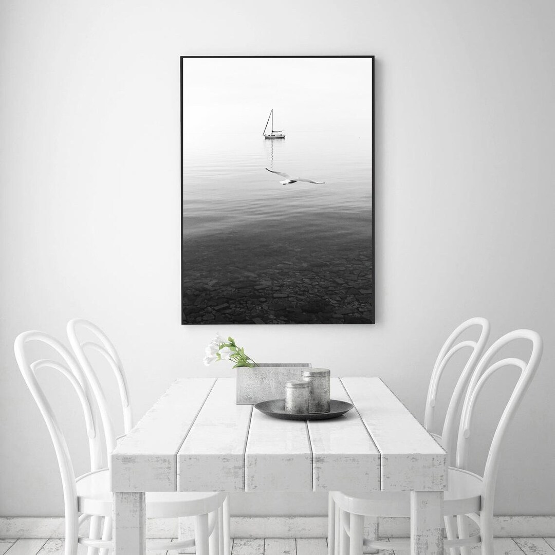 Minimalist Coastal Wall Art, Black and White Sailboat Print, Seagull ...
