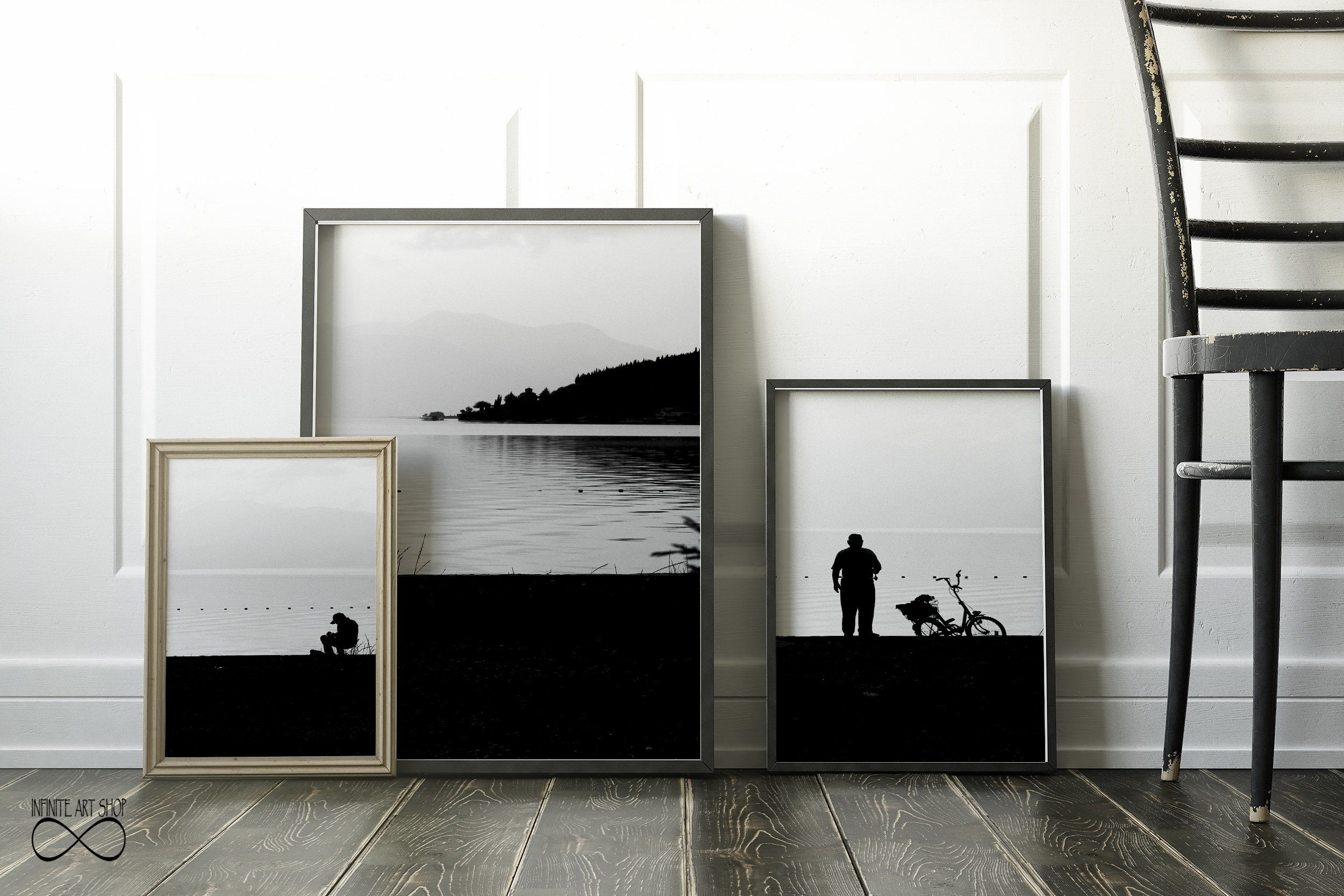 Set of 3 Black and White Minimalist Prints, Fisherman, Printable Lake ...