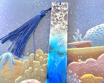 Segnalibri in resina blu effetto onde mare/ oceano/ beach waves - Con foglie oro o argento- Regali/Bomboniere/segnaposto/compleanni/estate