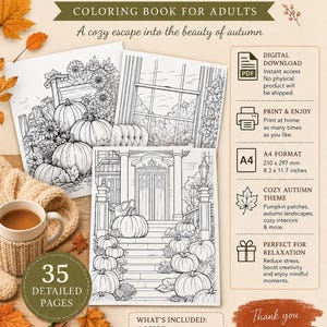 Cozy Autumn Coloring Book for Adults | Fall Coloring Pages | 35 Detailed Autumn Scenes, Pumpkin Patch & Cozy Interiors | Printable PDF files