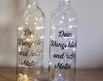 Leuchtflasche - Flasche Lichterkette mit individuellem Spruch Wunschtext und Wunschmotiv zur Geburt, Hochzeit, Geburtstag, Weihnachten