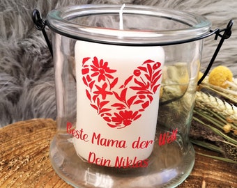 personalisiertes Kerzenglas Windlicht Glas zum Hängen Geschenk Muttertag Mama Oma Herz Kerzenhalter Beste Mama der Welt Name Glas